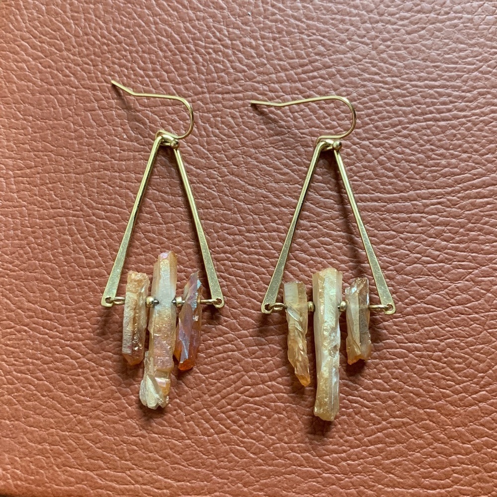 Gold Tone Geometric Earrings with genuine quartz stones fish hook back